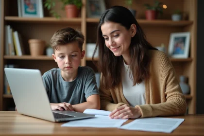Jeune gar&ccedil;on et sa m&egrave;re &agrave; la maison autour d'un ordinateur