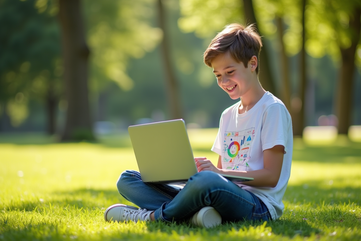 Adolescent souriant utilisant un ordinateur portable dans un parc ensoleille