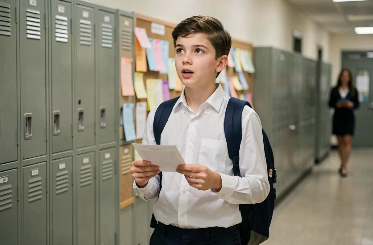 Adolescent qui répète son discours de délégué dans le couloir du collège