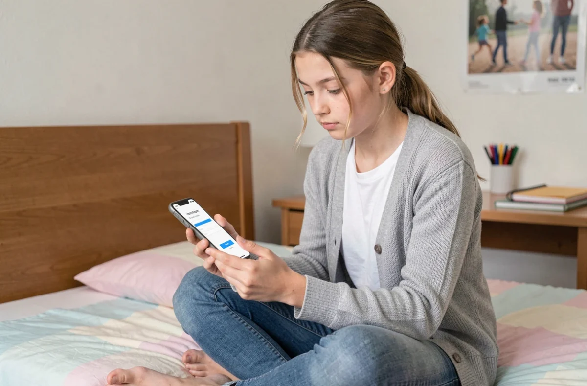 Adolescente se connectant à l'ENT Cholet depuis son smartphone dans sa chambre à la maison