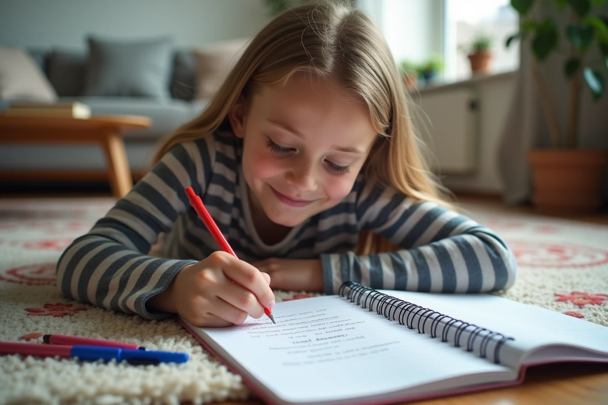 Adolescente faisant des exercices de ponctuation et de grammaire dans un carnet posé sur un tapis à la maison