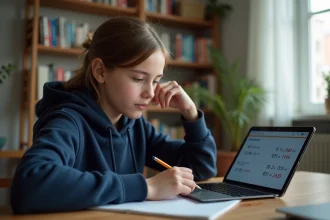 Adolescente révisant les décimales de Pi sur une tablette dans sa chambre avec un cahier et un crayon