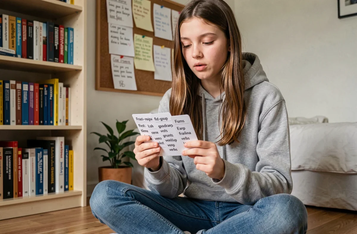 Adolescente révisant une liste de verbes du premier groupe français avec des fiches de mémorisation dans sa chambre