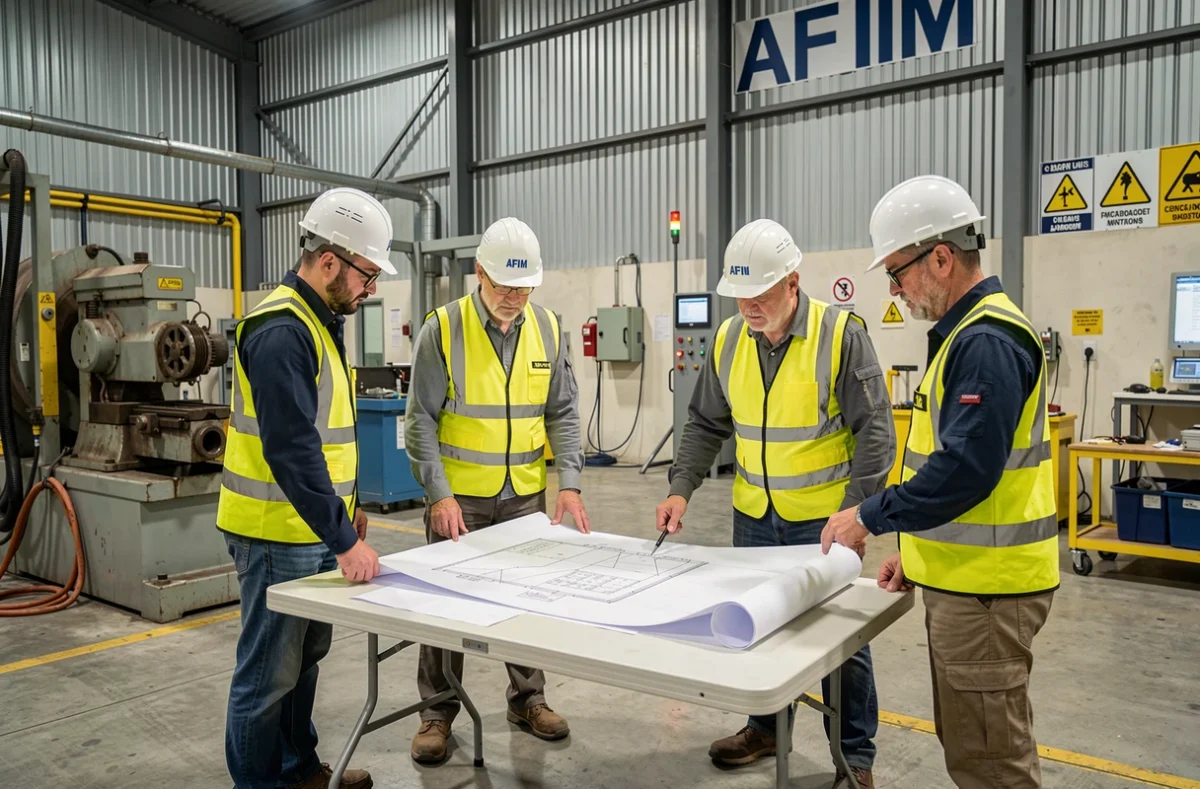 Groupe de stagiaires en formation industrielle avec un formateur à l'AFPIM