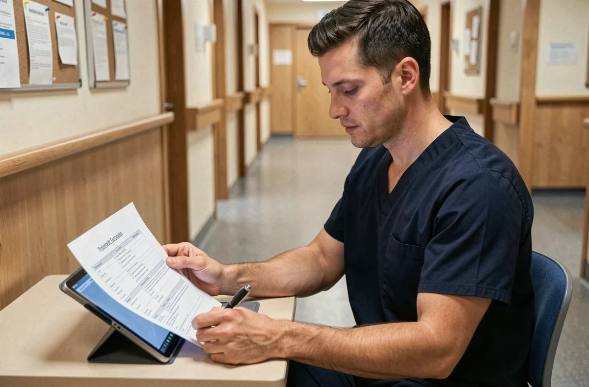 Aide-soignant homme consultant un protocole de soins et une tablette numérique dans un couloir d'EHPAD, représentant la formation aux nouveaux actes 2026