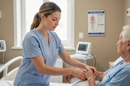 Aide-soignante effectuant un soin auprès d'un patient âgé dans une chambre d'hôpital moderne, illustrant les nouvelles missions des aides-soignants en 2026