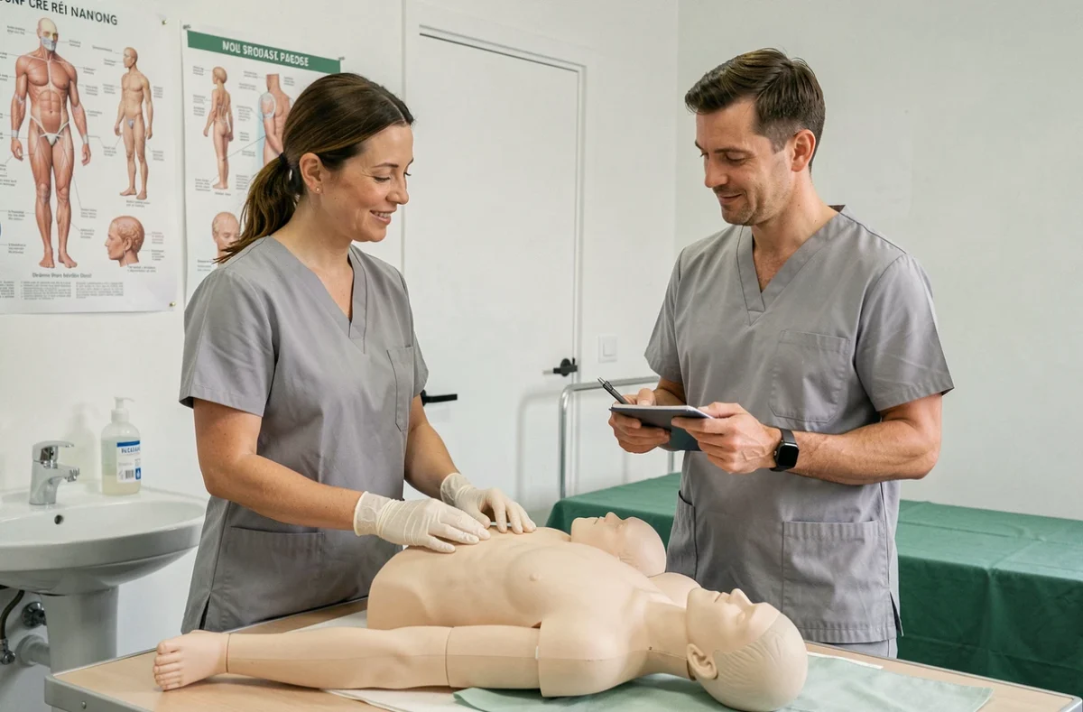Deux aides-soignants en formation pratique dans une salle de simulation clinique, illustrant l'apprentissage des nouveaux actes et missions des aides-soignants en 2026