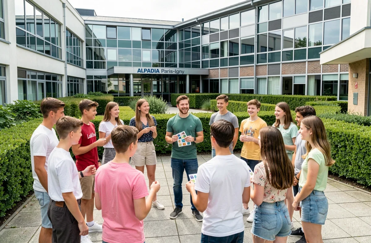 Programme junior d'été ALPADIA Paris-Igny avec des adolescents réunis en demi-cercle autour d'un professeur dans la cour du campus