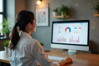 Professionnelle analysant des statistiques d'email marketing sur un écran d'ordinateur dans un espace de coworking moderne