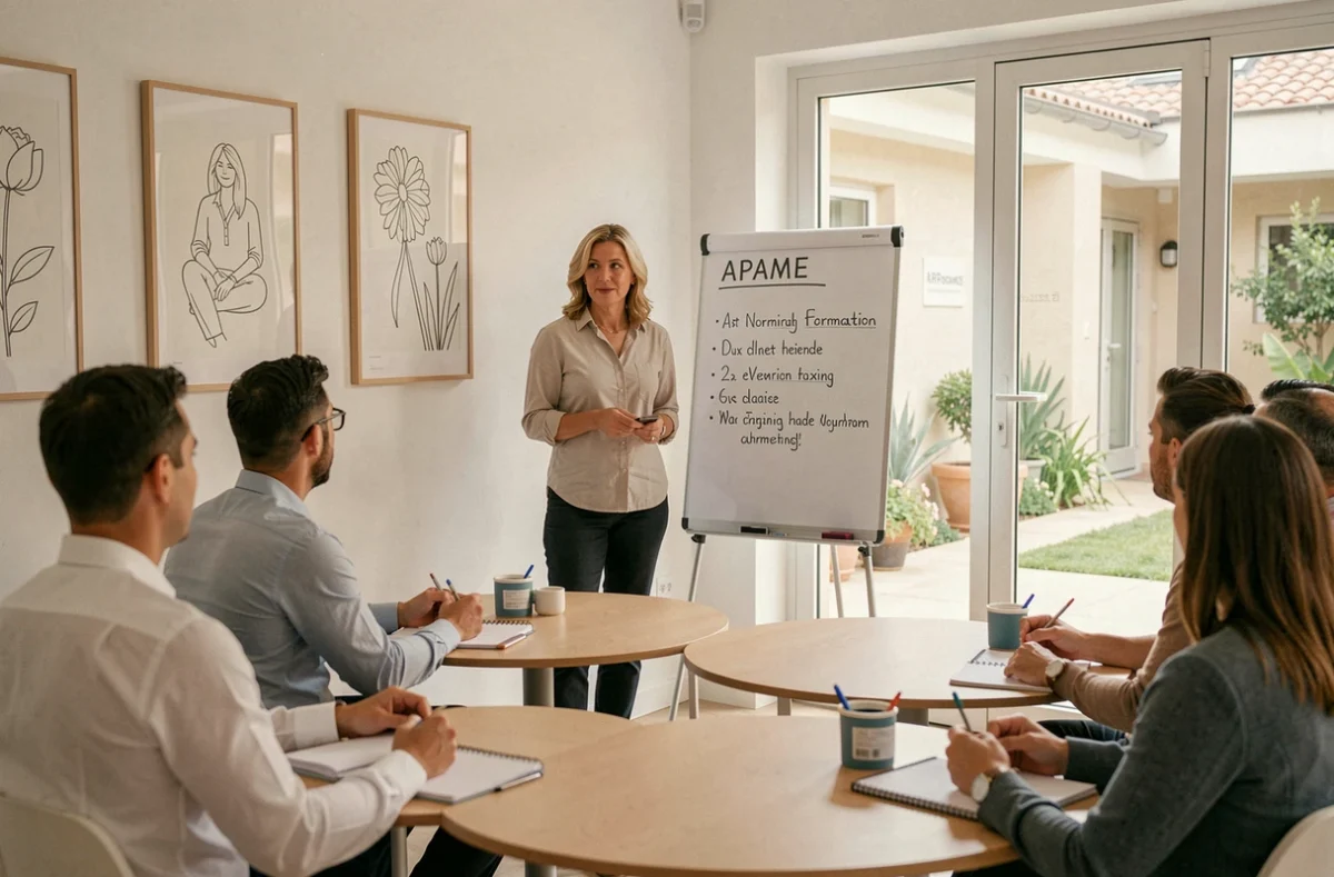 Formatrice animant une session de formation professionnelle dans une salle de l'APAME Formation