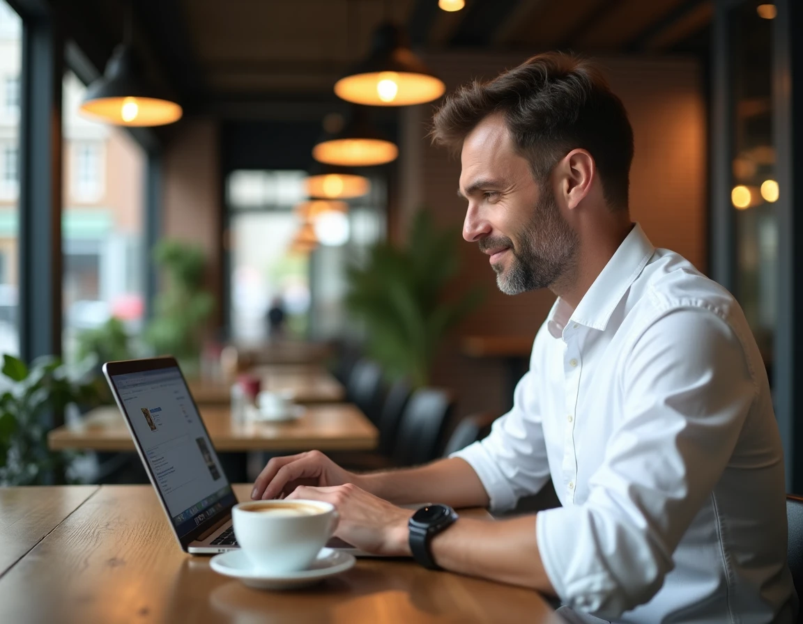 Homme appliquant les enseignements d'une formation LinkedIn depuis un café, optimisant son profil professionnel en autonomie
