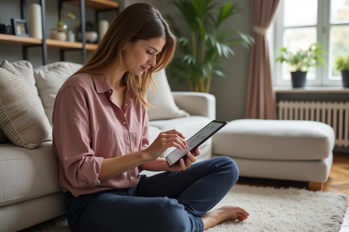 Apprenante en formation décoscope utilisant un logiciel de décoration intérieure sur tablette dans un espace aménagé professionnel