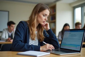 Apprenante GRETA utilisant Egreta Moodle sur son ordinateur portable dans un centre de formation moderne