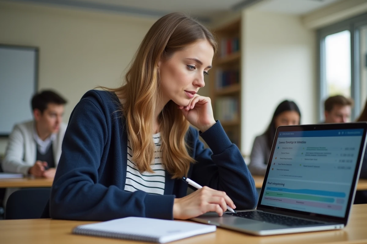 Apprenante GRETA utilisant Egreta Moodle sur son ordinateur portable dans un centre de formation moderne
