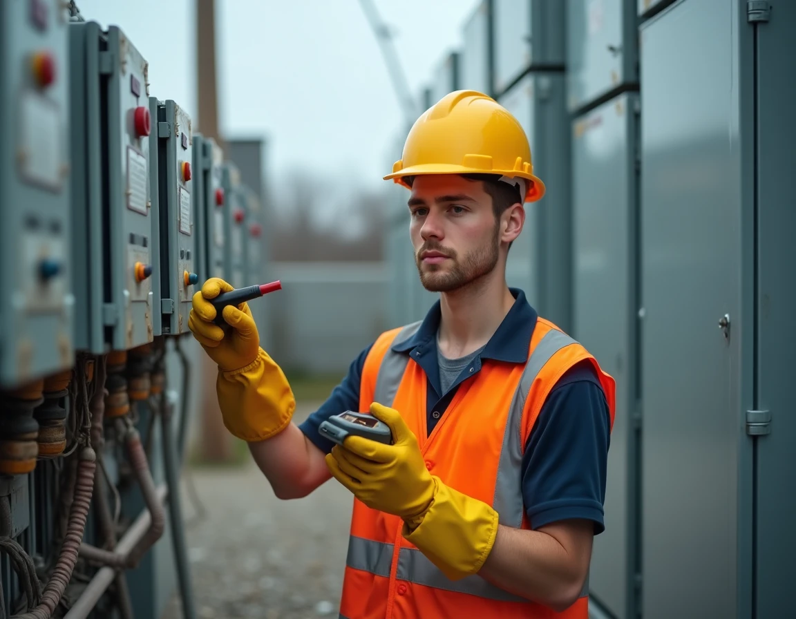 Apprenti électricien testant une tension sur un coffret électrique extérieur lors d'une évaluation pratique d'habilitation