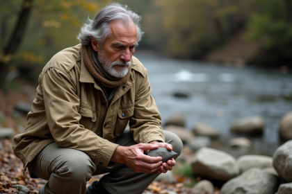 Archéologue examinant un biface en plein air sur la rivière