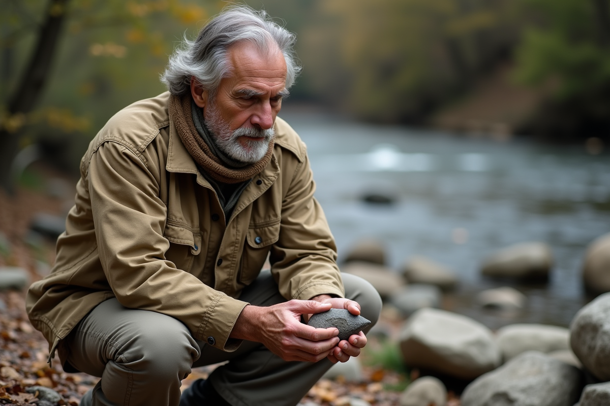 Archéologue examinant un biface en plein air sur la rivière