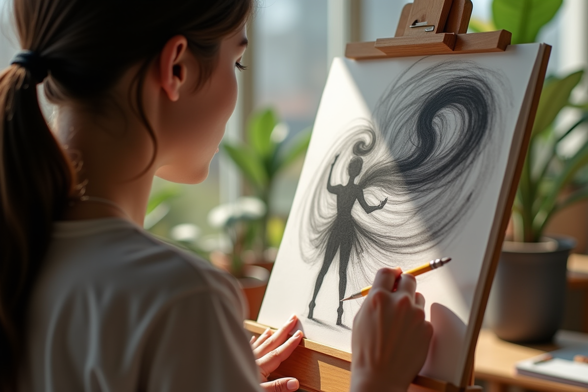 Jeune artiste observant un dessin de danse dynamique