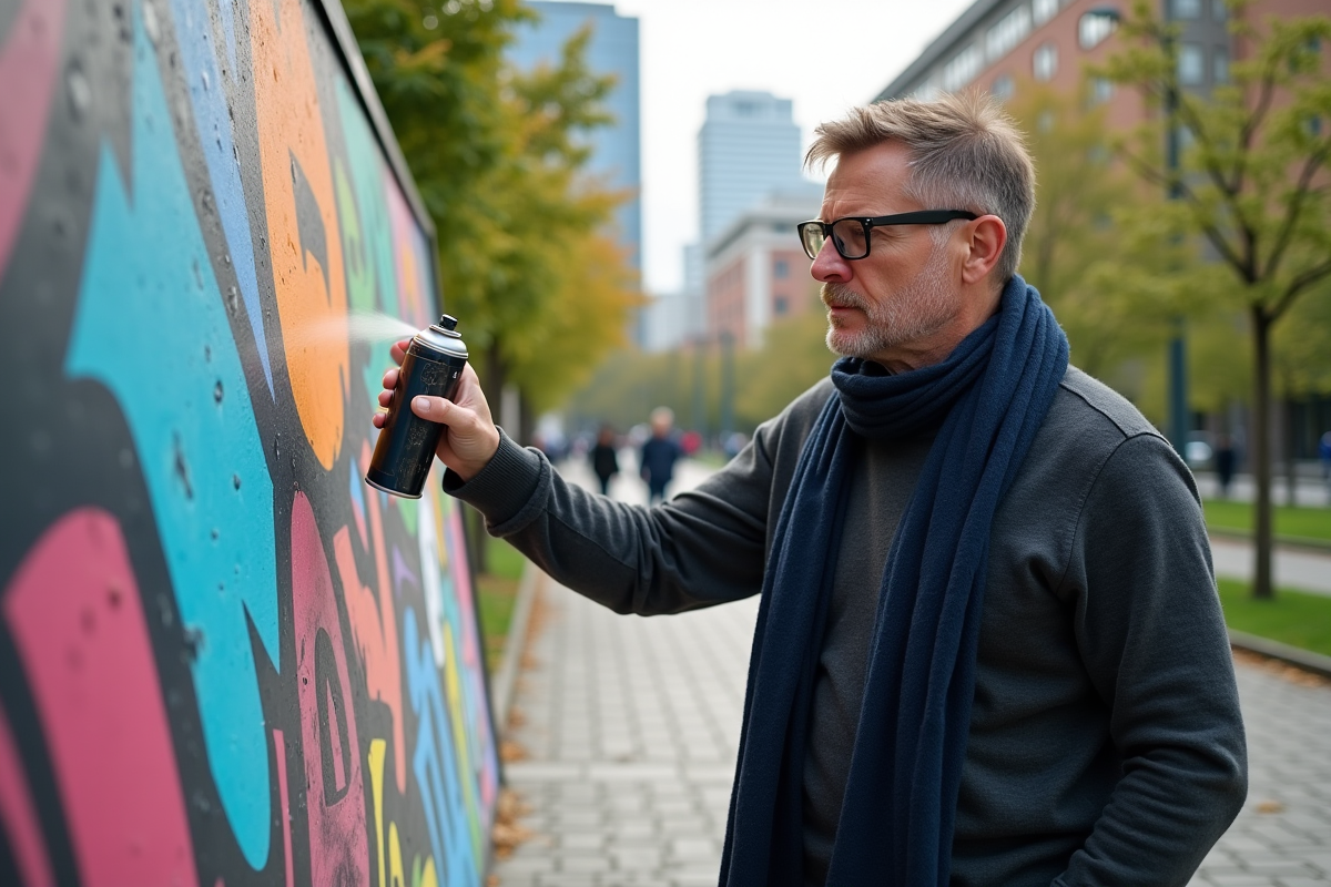 Homme moyen âge sprayant un mur de graffiti en plein air