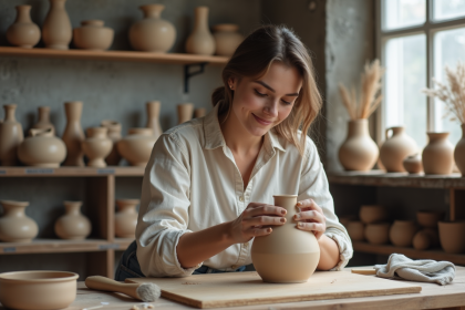 Jeune femme façonnant un vase en céramique dans un atelier