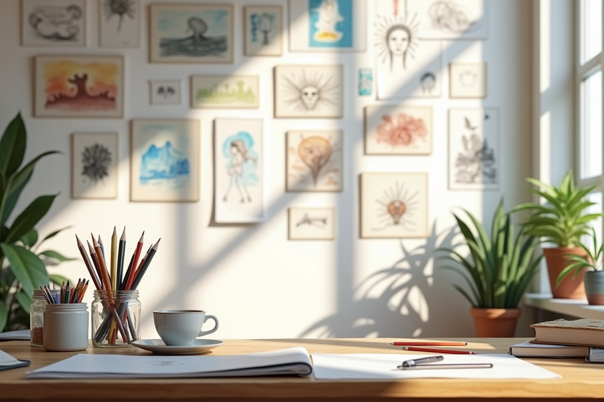 Espace créatif avec dessins et outils sur un mur lumineux