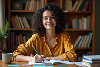 Femme écrivant dans un carnet de grammaire avec des exercices de ponctuation colorés sur un bureau en bois