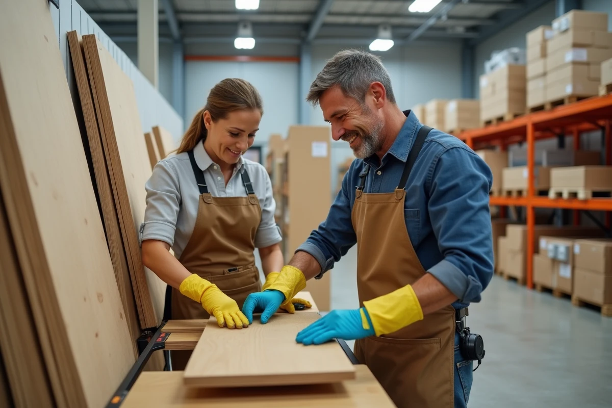 Deux adultes en atelier de bricolage assemblant une étagère en bois lors d'une session de formation pratique