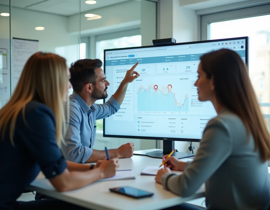 Groupe de stagiaires en atelier pratique LinkedIn analysant des résultats sur écran lors d'une formation professionnelle