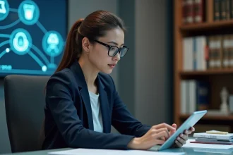 Femme en costume navy dans un bureau de droit