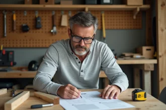 Homme bricoleur en atelier consultant un tutoriel papier sur un établi en bois avec des outils de bricolage