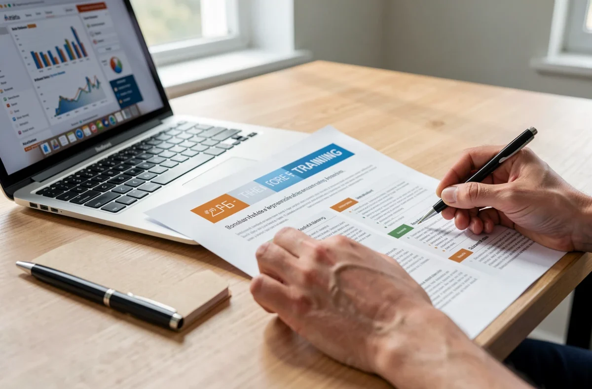 Bureau avec ordinateur et documents pour comparer des formations