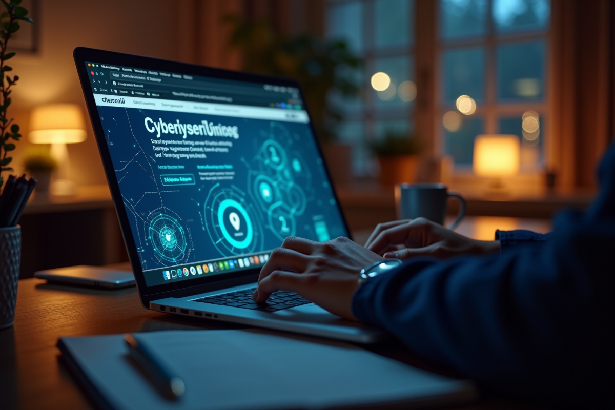 Bureau lumineux la nuit avec ordinateur et notes pour formation cybersécurité