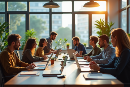 Bureau moderne open space avec équipe diverse en collaboration