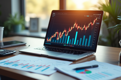 Espace de travail avec ordinateur affichant des graphiques financiers