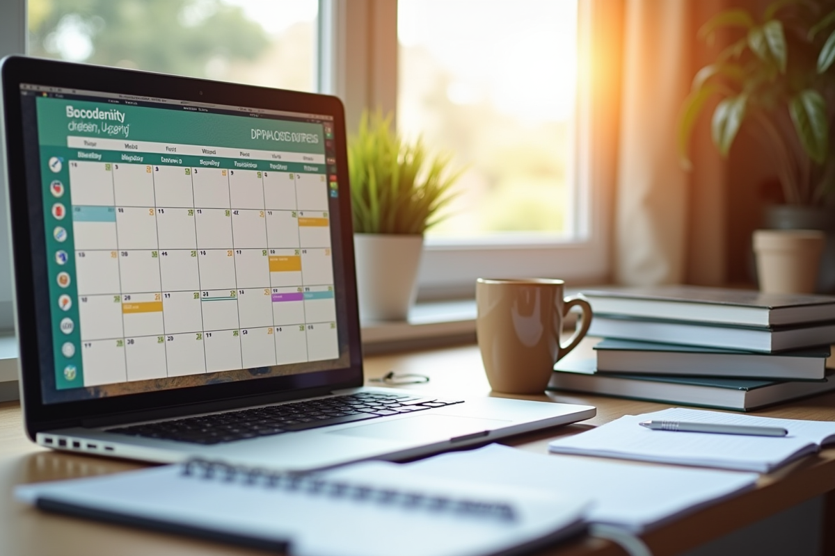 Espace de travail avec calendrier et ordinateur