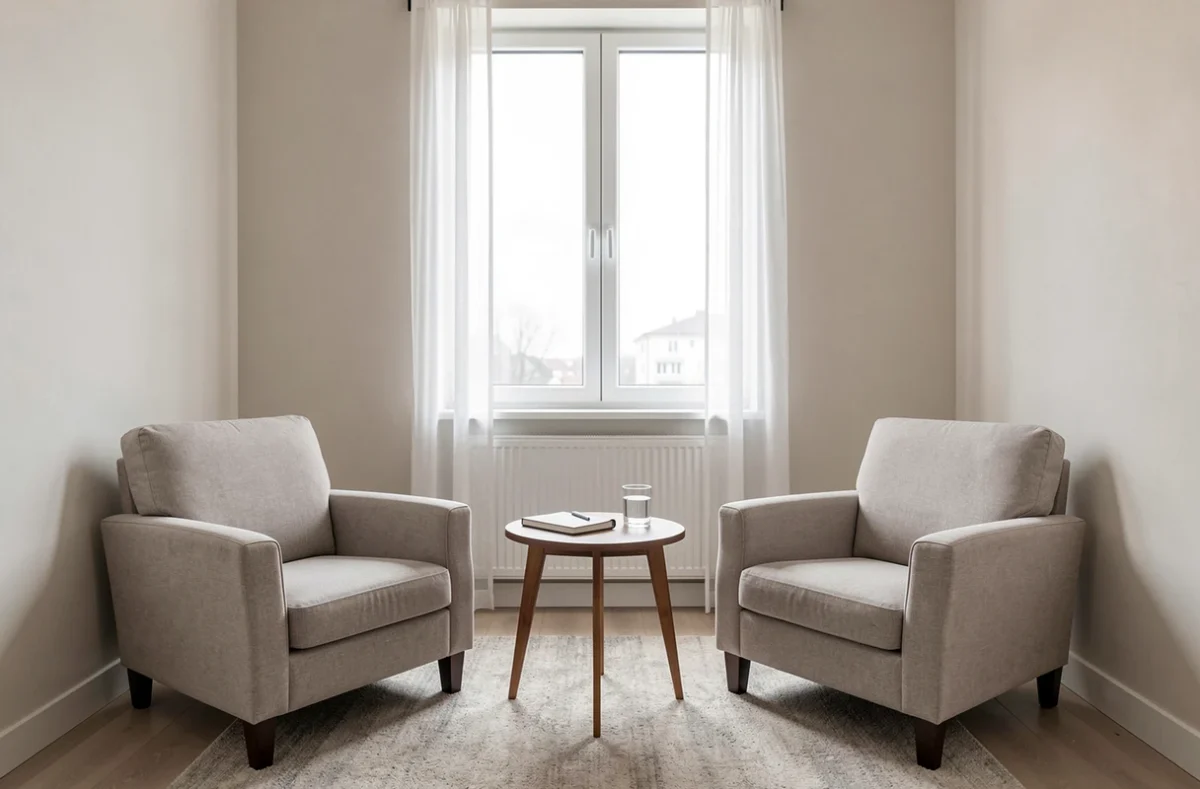 Cabinet de consultation calme avec deux fauteuils face à face
