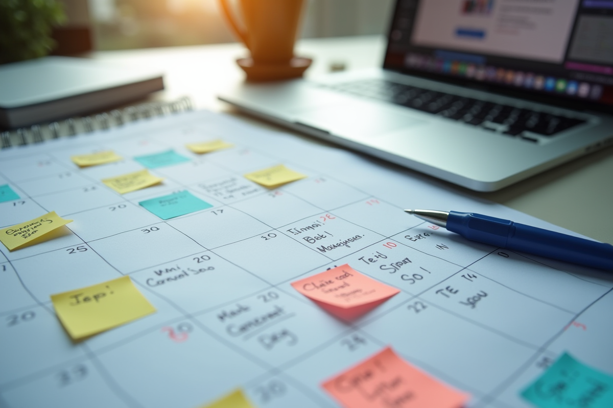 Calendrier coloré avec notes et un ordinateur portable ouvert