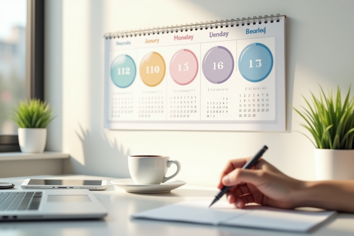 Calendrier avec cercles colorés et ordinateur sur bureau