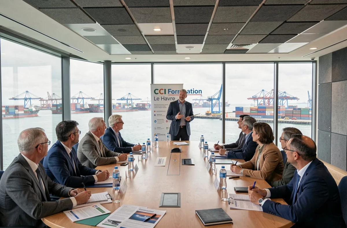 Séminaire de formation professionnelle dans une salle de la CCI Formation Le Havre avec vue sur le port
