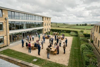 Vue d'ensemble d'un centre de formation en Normandie avec des apprenants adultes dans une cour moderne