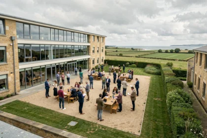 Vue d'ensemble d'un centre de formation en Normandie avec des apprenants adultes dans une cour moderne