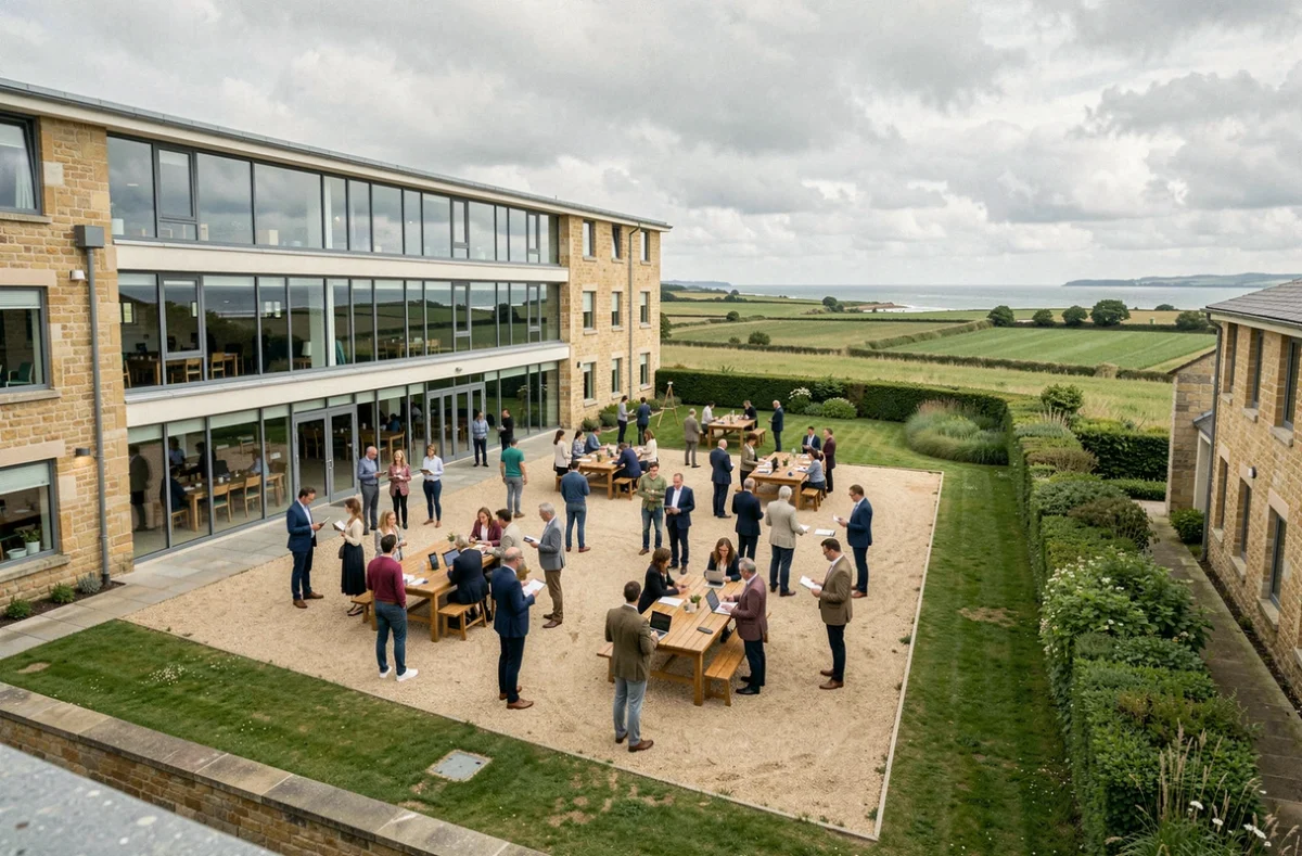 Vue d'ensemble d'un centre de formation en Normandie avec des apprenants adultes dans une cour moderne