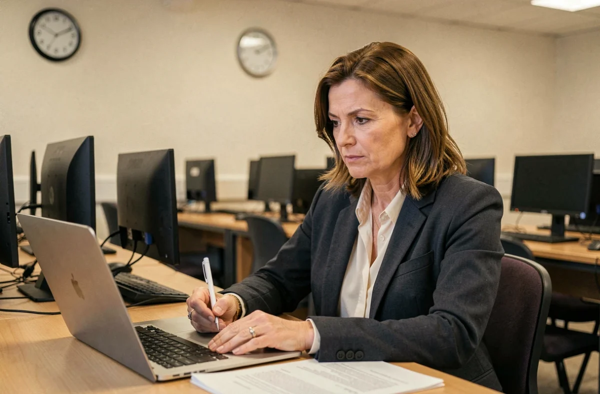 Adulte en formation informatique prenant des notes dans une salle de cours du CNAM Normandie