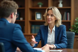 Coach femme en discussion avec un client dans un bureau moderne