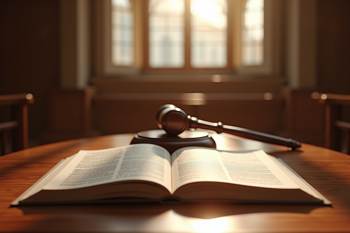 Code civil ouvert sur un bureau de juge dans une salle de justice