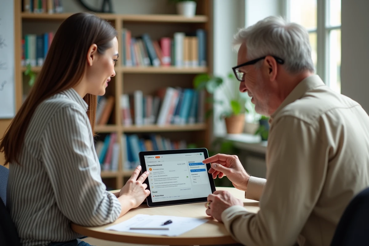 Deux stagiaires GRETA collaborant sur la plateforme Egreta Moodle via une tablette dans la bibliothèque du centre