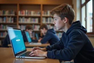 Collégien consultant son ENT college78 sur un ordinateur portable en bibliothèque scolaire
