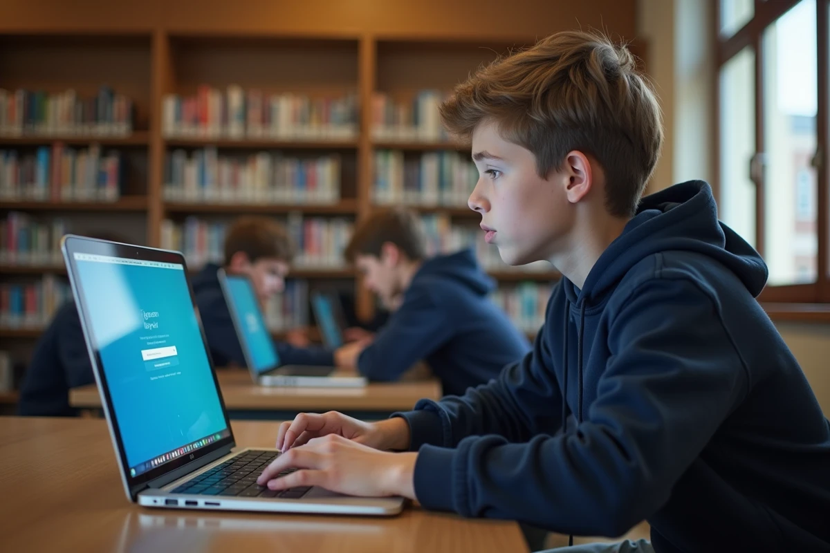 Collégien consultant son ENT college78 sur un ordinateur portable en bibliothèque scolaire