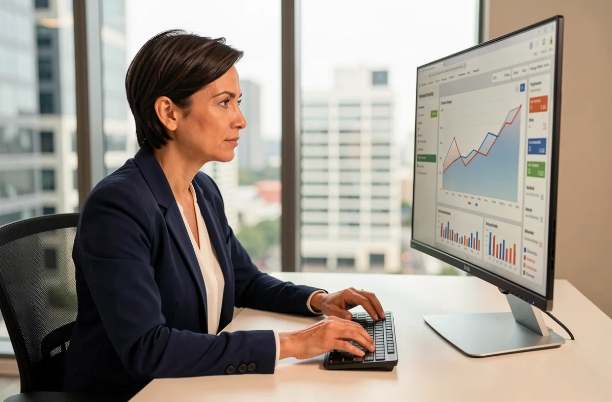 Commerciale analysant un tableau de bord IA sur son écran pour optimiser la stratégie de vente de son équipe