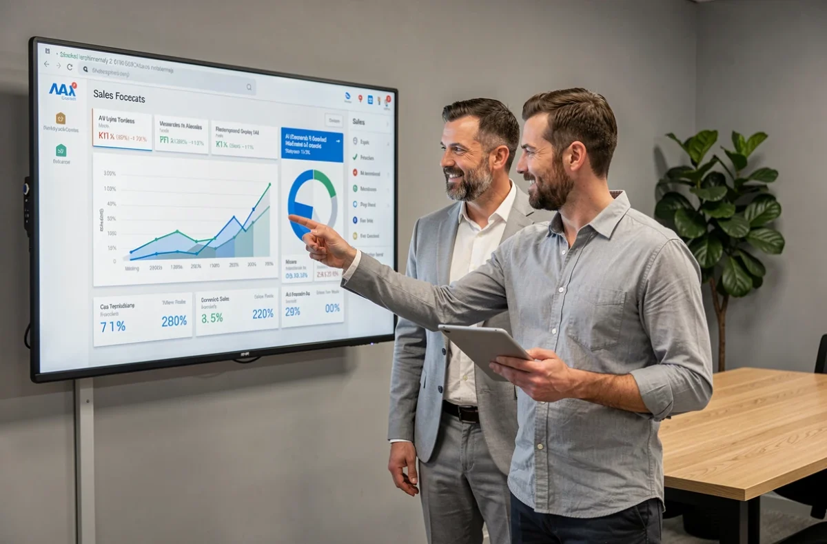 Deux commerciaux collaborant devant un tableau de bord IA affichant des prévisions de ventes et indicateurs de performance